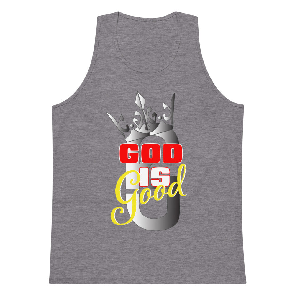 Men’s premium KG God Is Good tank top Gray/Red/Yellow